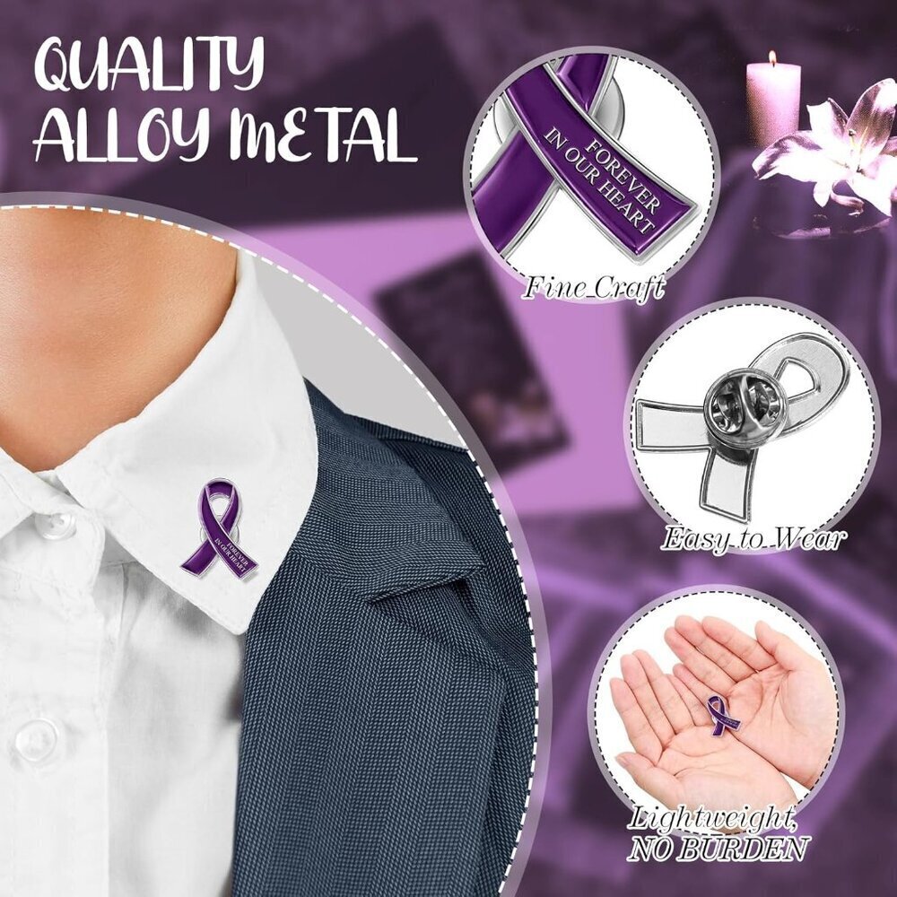 Funeral Awareness Lapel Pins 60 Pack Purple Ribbon Brooches with Prayer Cards - Picture 3 of 6